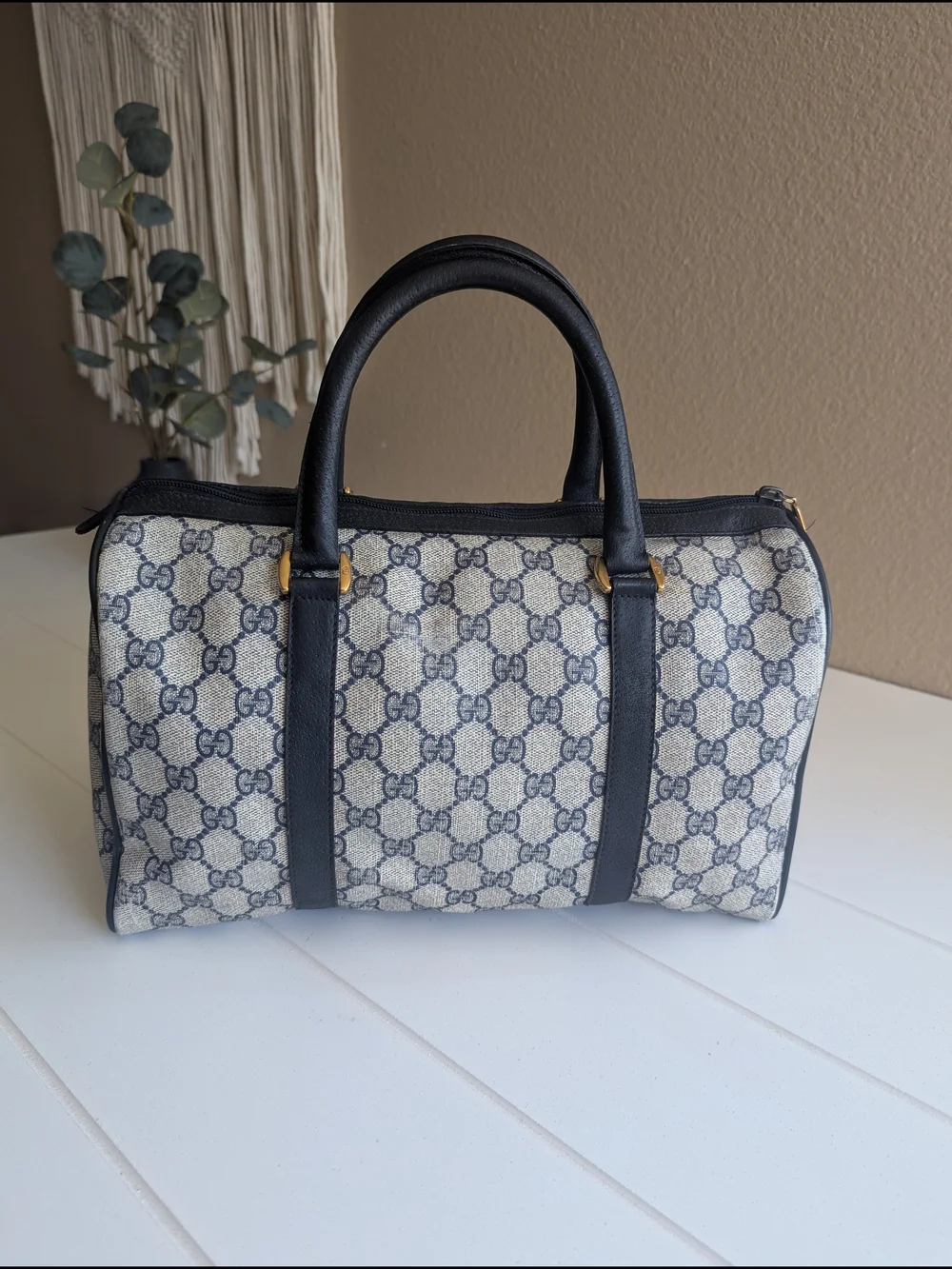 vintage 1980s Gucci Accessory Collection Navy GG Supreme Boston Bag.